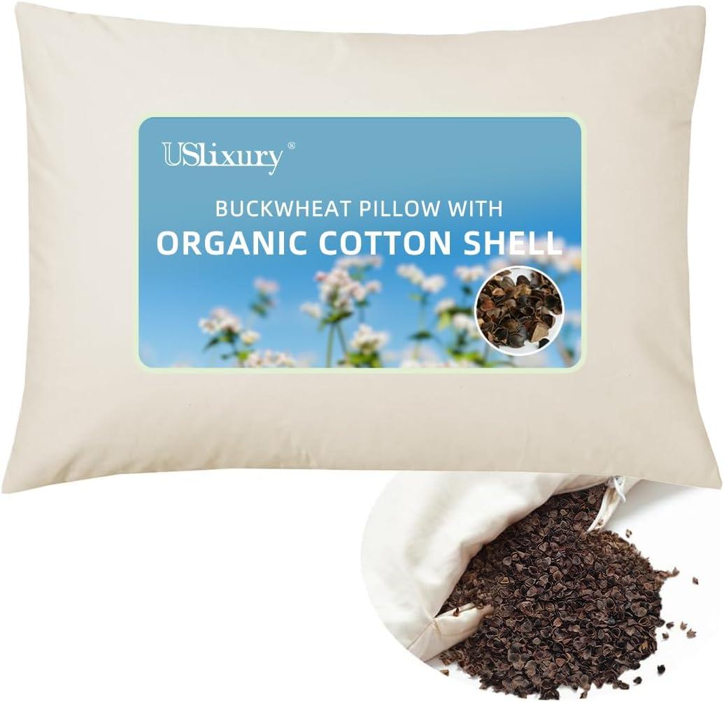 USlixury Sleeping - 20"X26" Buckwheat Hull Pillow with Organic Cotton Shell, Adjustable Height and Firmness, Firm Neck Support for Back/Side Sleepers, Cool Sleep, White