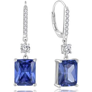 YL Princess Emerald Cut Dangle Earrings for Women, Solid 925 Sterling Silver 18K White Gold Plated Square Birthstone Halo Leverback Jewelry Gifts