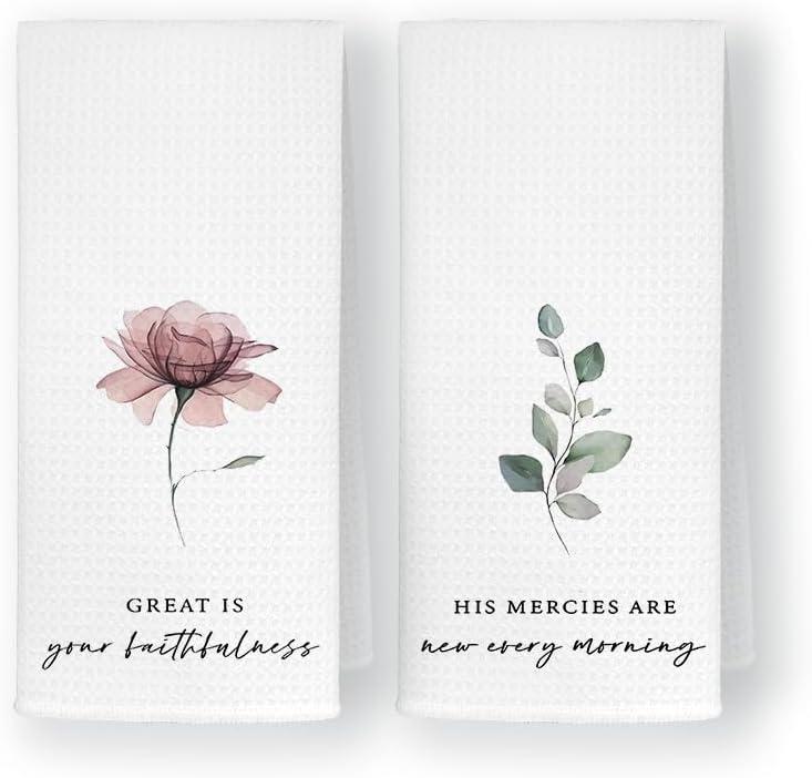 Floral Christian Kitchen Towels Set of 2, Great is Your Faithfulness Religious Bible Verse Hand Towels Tea Towels, Christian Gifts for Women, Plants Dishcloth for Home Bathroom, 16x24 Inch