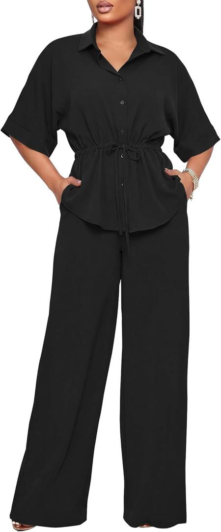 Two Piece Sets for Women Dressy Short Sleeve Button Down Shirt Top Flared Pants Sets Business Pantsuits, Size: Large