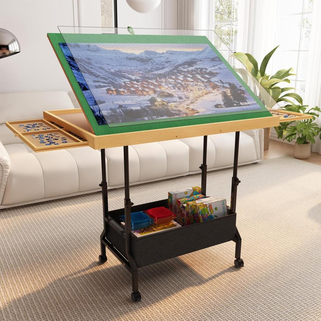 4-in-1 Adjustable & Tilting & Rolling & Storage Puzzle Table with 2 Large Drawers, 1500 Piece Puzzle Board with Legs, Cover, Fabric Drawer- 34" x 26" Puzzle Table for Adults & Enthusiasts