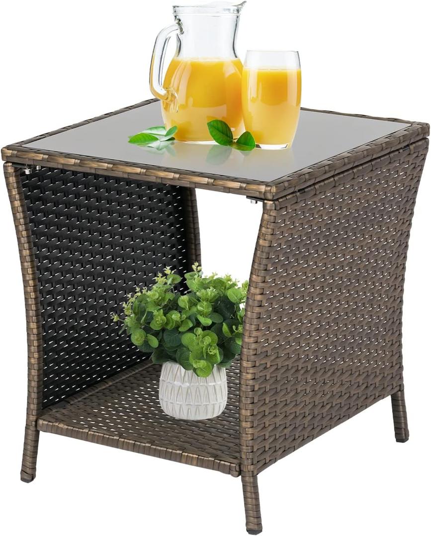 Kinfant Wicker Rattan Coffee Table - Square Tempered Glass Top Furniture with Storage for Outdoor Backyard Lawn Balcony Pool Patio
