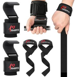 Weight Lifting Hooks & Wrist Straps Set – Lifting Hooks with Anti-Slip Grip, Adjustable Wrist Wraps for Weightlifting, Deadlifts, Powerlifting, Gym Straps for Men and Women, Black-Red