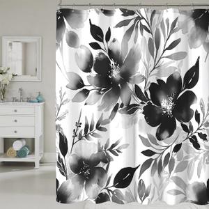 Floral Shower Curtain, Black Watercolor Flower Shower Curtains for Bathroom, Modern Minimalist Waterproof Fabric Bath Decoration 72x72 Inch