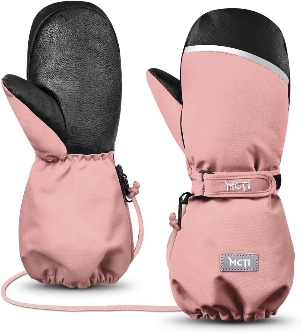MCTi Kids Mittens Waterproof Winter Ski Warm Sherpa Lined Long Cuff with String (3X-Small, Cloud Pink)