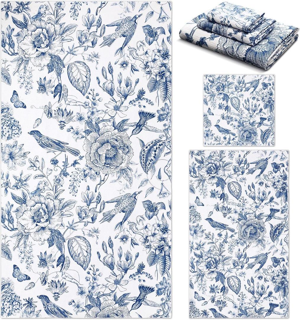 Preboun 3 Pack Blue White Floral Bathroom Towel Set Absorbent Fingertip Towels for Bathroom & Gym