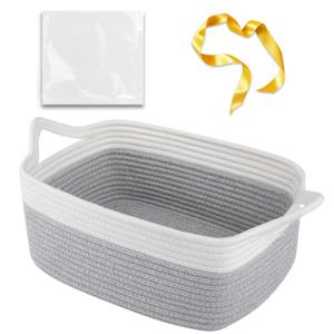 OIAHOMY Small Woven Rope Basket with Gift Bags and Ribbons, Gift basket Empty for Baby shower Birthday, Halloween, Christmas, Cute Cat Ear Handles for Shelf Living Room Bathroom, Grey & White (13.5''10"6'')