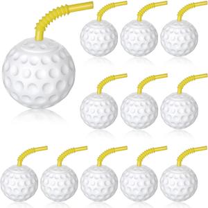 Golf Ball Cups with Lid and Straw - 14 oz Plastic Party Favors, Shaped Decorations for Drinking, Themed Parties (12)