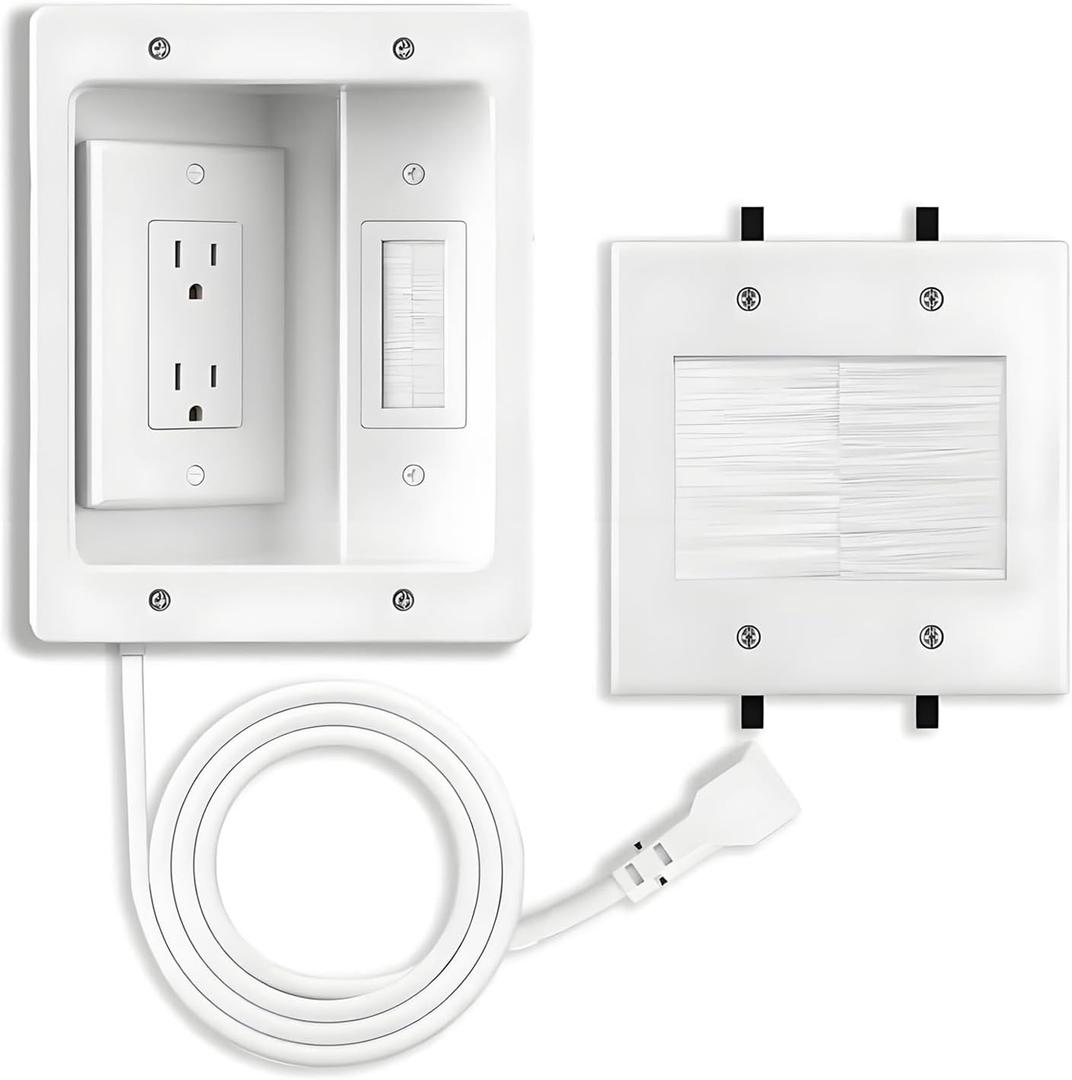 TV Cable Hider Wall Kit - in Wall Cord Concealer with Brush Wall Plate, 9ft Cable, Recessed Wire Management Box & Two-Hole Pass-Through, Fits All Plugs for Home Theater