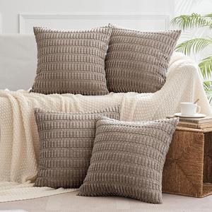 MIULEE Pack of 4 Light Brown Corduroy Decorative Throw Pillow Covers 20x20 Inch Soft Boho Striped Pillow Covers Modern Farmhouse Home Decor for Sofa Living Room Couch Bed