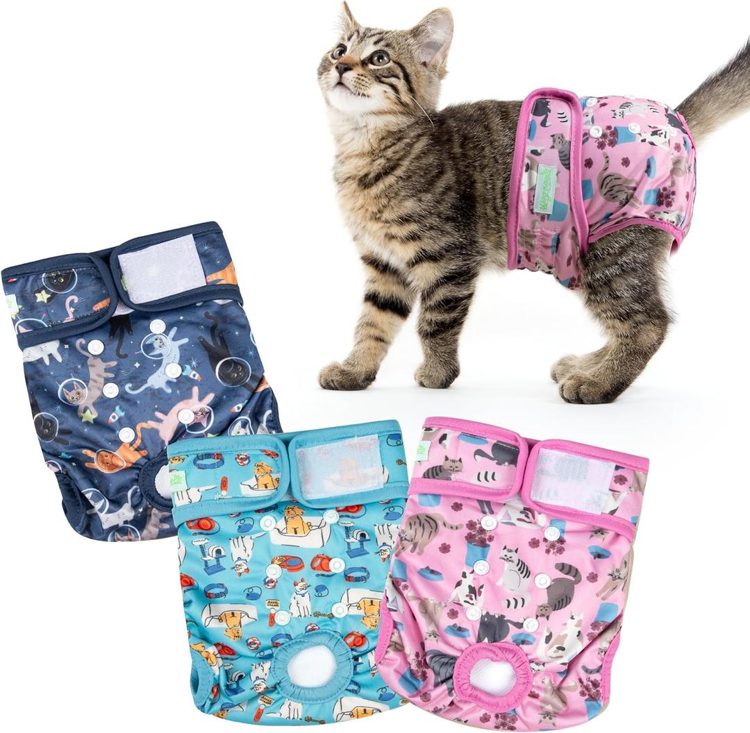 Wegreeco Cat Diapers, Cat Diapers for Male Female Spraying Incontinence, Reusable Adjustable Highly Absorbent (3 Pack, Medium)