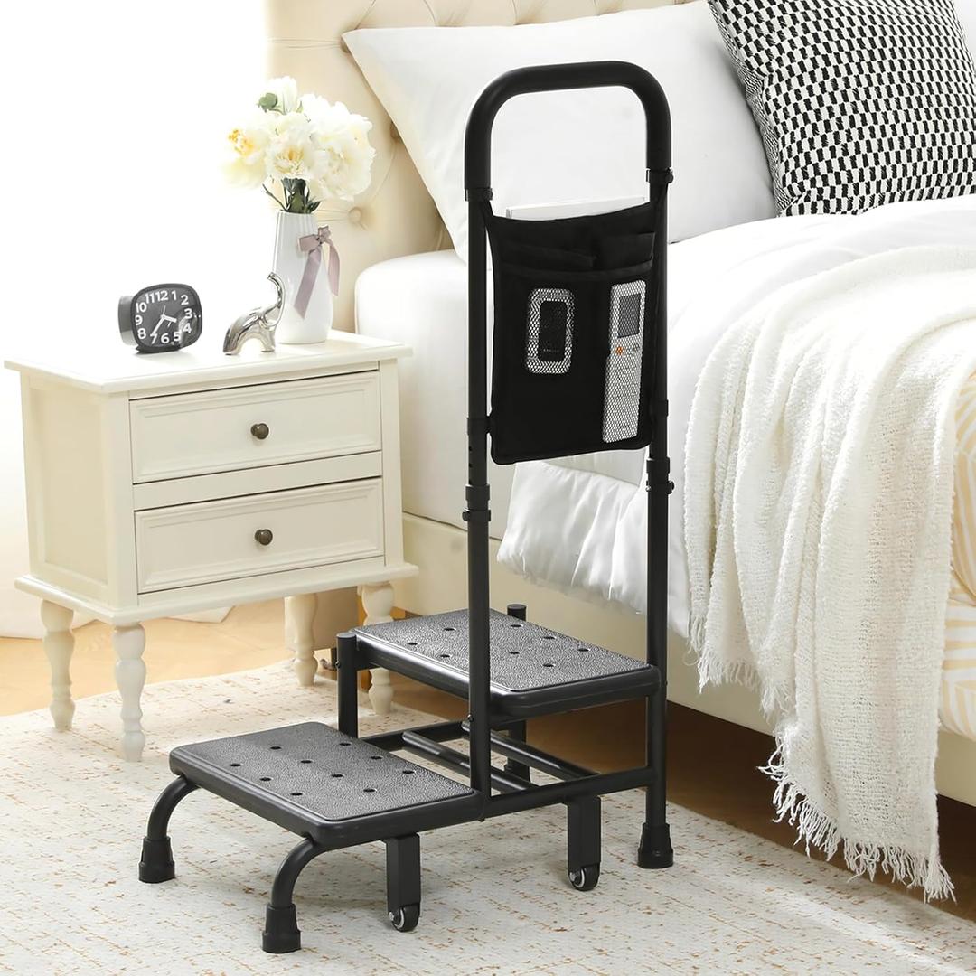 NOVII Step Stool with Wheels and Storage Bag for Elderly, 2 Step Stool with Handle,Adjustable Bed Steps for High Beds for Adults,Portable Footstool for Bedroom, Kitchen, BathroomBlack
