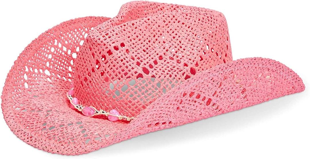 Zodaca Pink Cowboy Hat for Women - Pink Straw Beach Hat, Cute Cowgirl Hat with Beaded Heart Trim and Braided Chain (Adult Size)