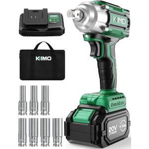 KIMO Cordless Impact Wrench, 1200N.m/900ft-lbs, 4000 RPM, 7Sockets High Torque Brushless Wrench with 3/8" Chuck, 4000mAh Li-ion Battery, Fast Charger, Variable Modes Power Impact Driver for Car Tires