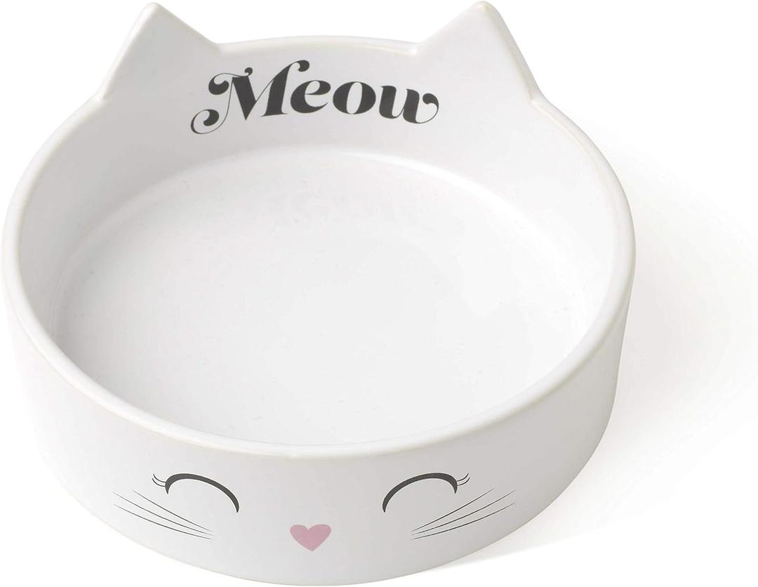 PetRageous 16037 Meow Kitty Dishwasher Safe Stoneware Cat Bowl 5-Inch Diameter 1.5-Inch Tall with 1-Cup Capacity for Cats, White
