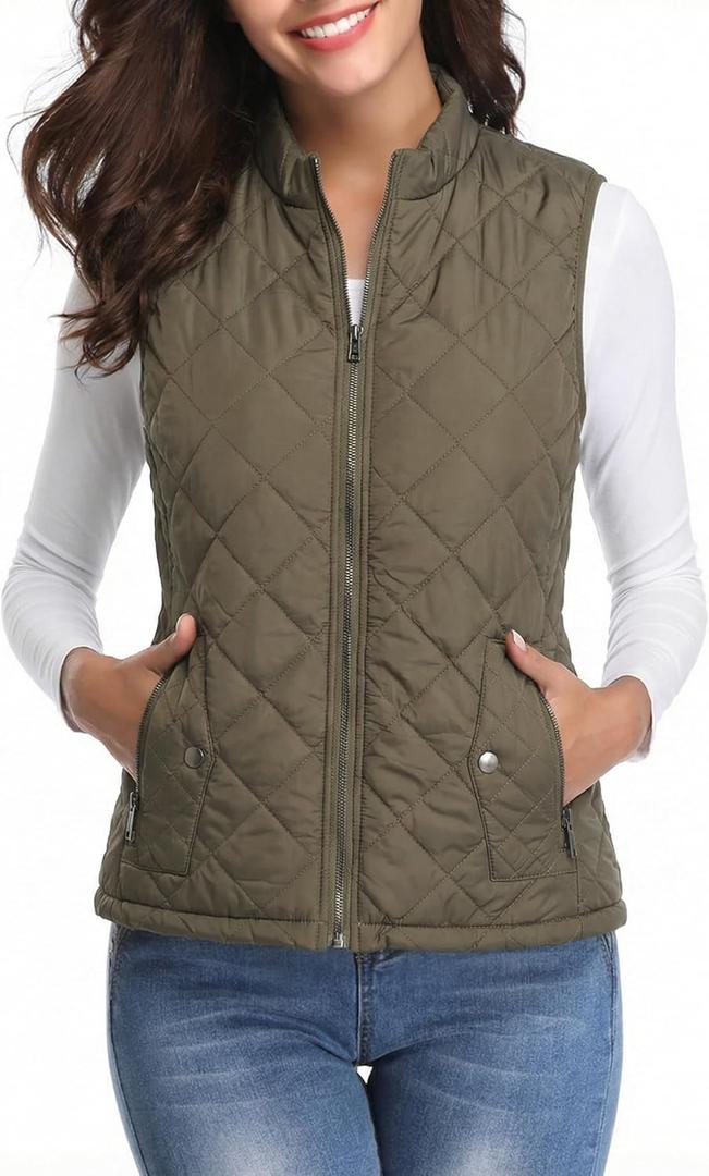 Fuinloth Women's Lightweight Warm Puffer Quilted Vest - 4-Pockets Stand Collar Zip Gilet, Fall Winter Outerwear (Medium, Green)
