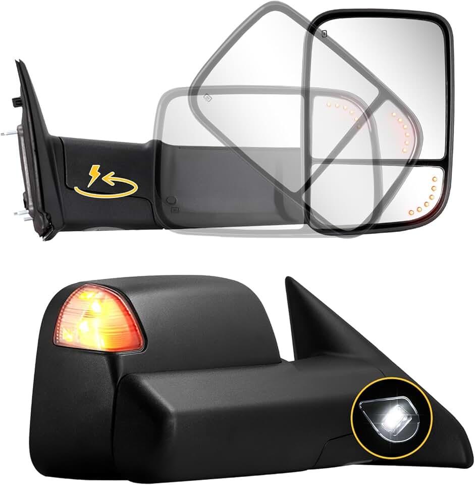 Sanooer Towing Mirrors Power Folding Compatible with 2009-2018 Dodge Ram 1500, 2010-2018 Dodge Ram 2500 3500 with Power Glass Puddle Lamp Temp Sensor Heated Turn Signal Light Flip up Pair Set