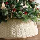 Treory Knitted Christmas Tree Collar: Cream White Basket Weave Knit Christmas Tree Collars for Artificial Trees, Rustic Handmade Tree Ring Tree Skirt Cover Beige Boho Farmhouse Christmas Home Décor