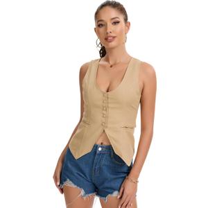 Womens Casual Scoop Neck Vest Summer Sleeveless Fitted Waistcoat Suit Button Down Business Crop Tops (S)