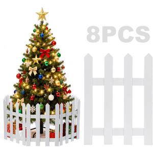 15.7" H Sturdy Safe Wooden Christmas Tree Fence - White Christmas Tree Gate Dogs Cat Proof for 5-7ft Trees, 8 Pcs Easy to Install