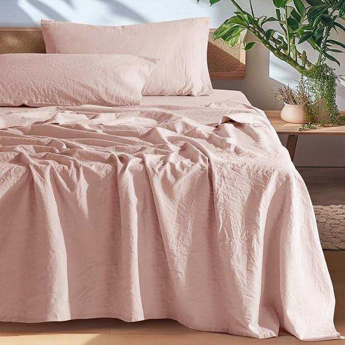 SONORO KATE 100% French Pure Linen Sheets King Size and 100% French Linen Euro Shams 26"x26", Soft Breathable for Hot Sleepers, Moisture Wicking & Durable  Pink Queen
