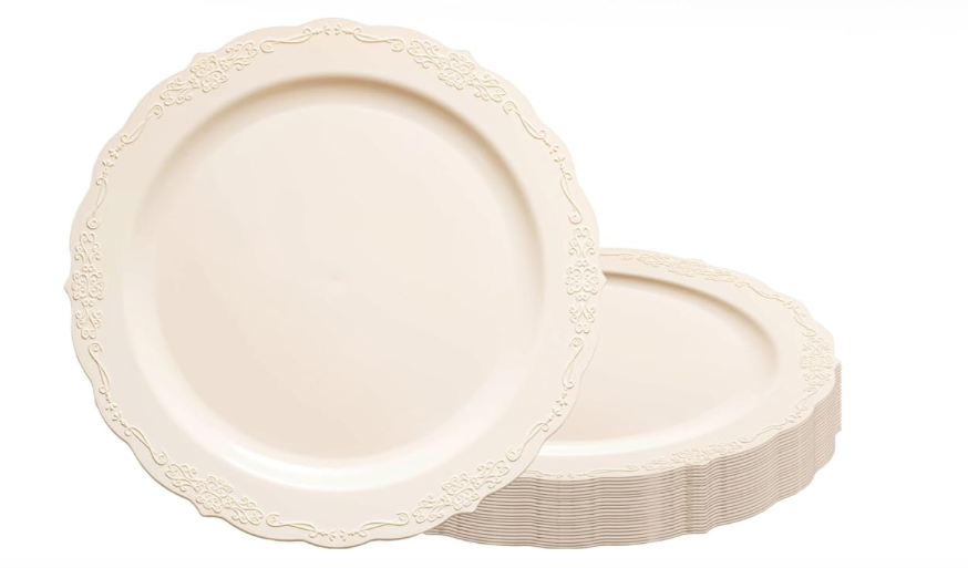 Smarty Had A Party Elegant Ivory Plastic Plates, Disposable Dinnerware Sets, 7.5" for Salad, Durable Party Plates for Weddings, Events, and All Occasions (40) Count) 