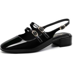 Mostrin Mary Jane Shoes Women Slingback Chunky Low Heels for Women Closed Rounded Toe Ankle Strap Pumps Daily Wedding Party Dress Shoes (7, Black)
