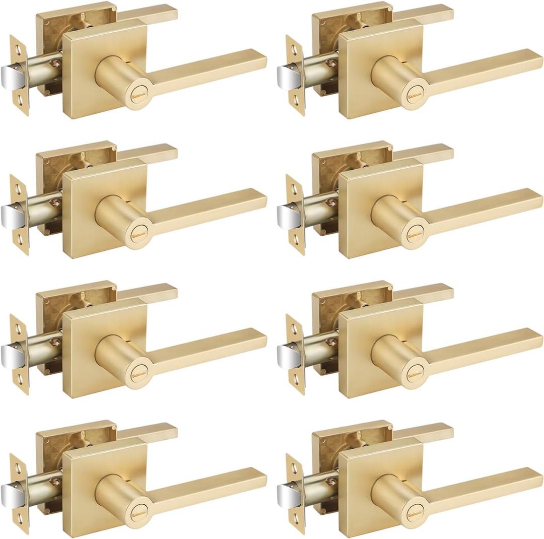 EHOMEWARE 8 Packs Gold Heavy Duty Door Handle Interior, Privacy Door Lever Handle, Bathroom Door Handles Interior, Modern Bedroom Door Handle
