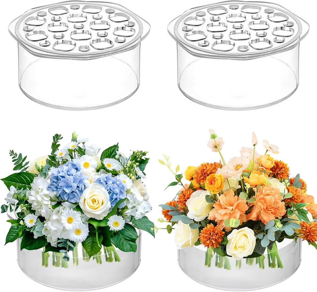 Jucoan 4 Pack Round Acrylic Flower Vase, 6 x 2.5 Inch Cylinder Low Acrylic Vase with Holes for Floral Arrangement, Home Wedding Bridal Shower Party Table Centerpieces Decor