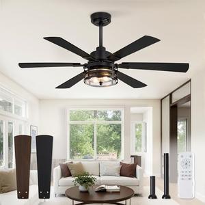 48" Farmhouse Ceiling Fans with Lights and Remote,Industrial Large Ceiling Fan with 6-Speed Reversible DC Motor and 6 Dual Finish Blades,Black Ceiling Fan with Light for Living bedroom Patio