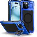 Lanhiem for iPhone 15 Metal Case, [Built-in Camera Kickstand & Glass Screen Protector] Heavy Duty Protective Rugged Full Body Military Grade Shockproof Aluminum Magnetic Cover for iPhone 15 (Blue)