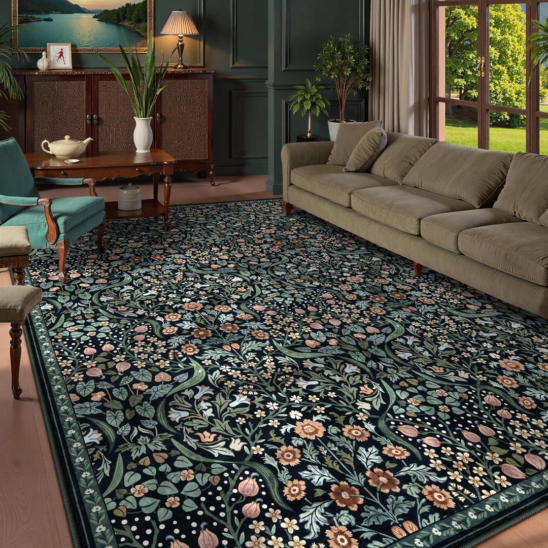 Lahome Floral 9x12 Black Rug for Living Room, Boho Thin Stain Resistant Dining Room Rugs for Under Table, Soft Carpet with Rubber Backing for Guestroom