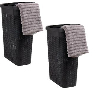 Mind Reader Slim Laundry Hamper with Lid, 40L Clothes Basket, Narrow Tapered Design with Ventilated Cutout Pattern, Plastic, Set of 2, Black