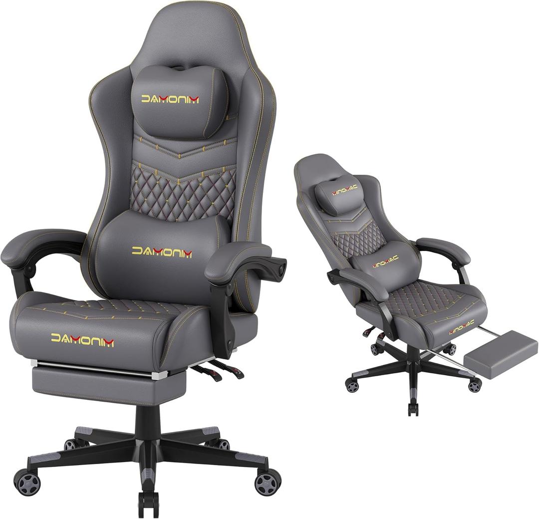 Gaming Chair,Ergonomic Computer Gaming Chair,400lb Load-Bearing,Retractable Footrest/Waist Support/Ergonomic Backrest[Spring + 4D Sponge] (Grey)