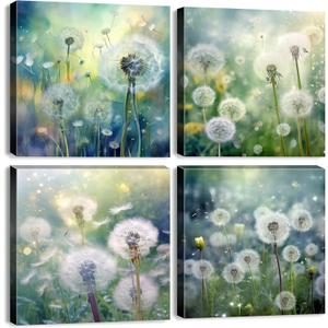 Teal Nature Dandelion Wall Art Bathroom Decor Colorful Modern Botanical Canvas Prints for Living Room Watercolor Dandelion Picture Country Flower Painting Bedroom Kitchen Home Decorations 20x20" 4 Pcs