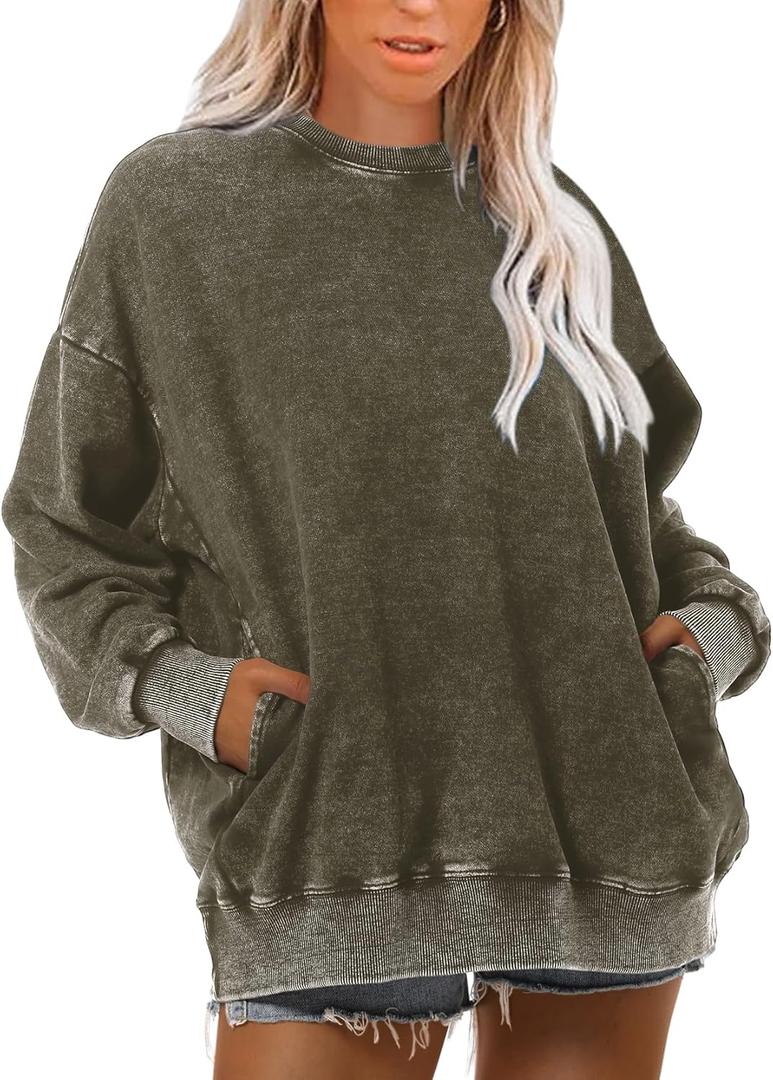 Wrenpies Oversized Vintage Hoodie for Women Cotton Loose Fit Baggy Hooded Sweatshirt Trendy Basic Acid Wash Pullover Top (Green, XXL)