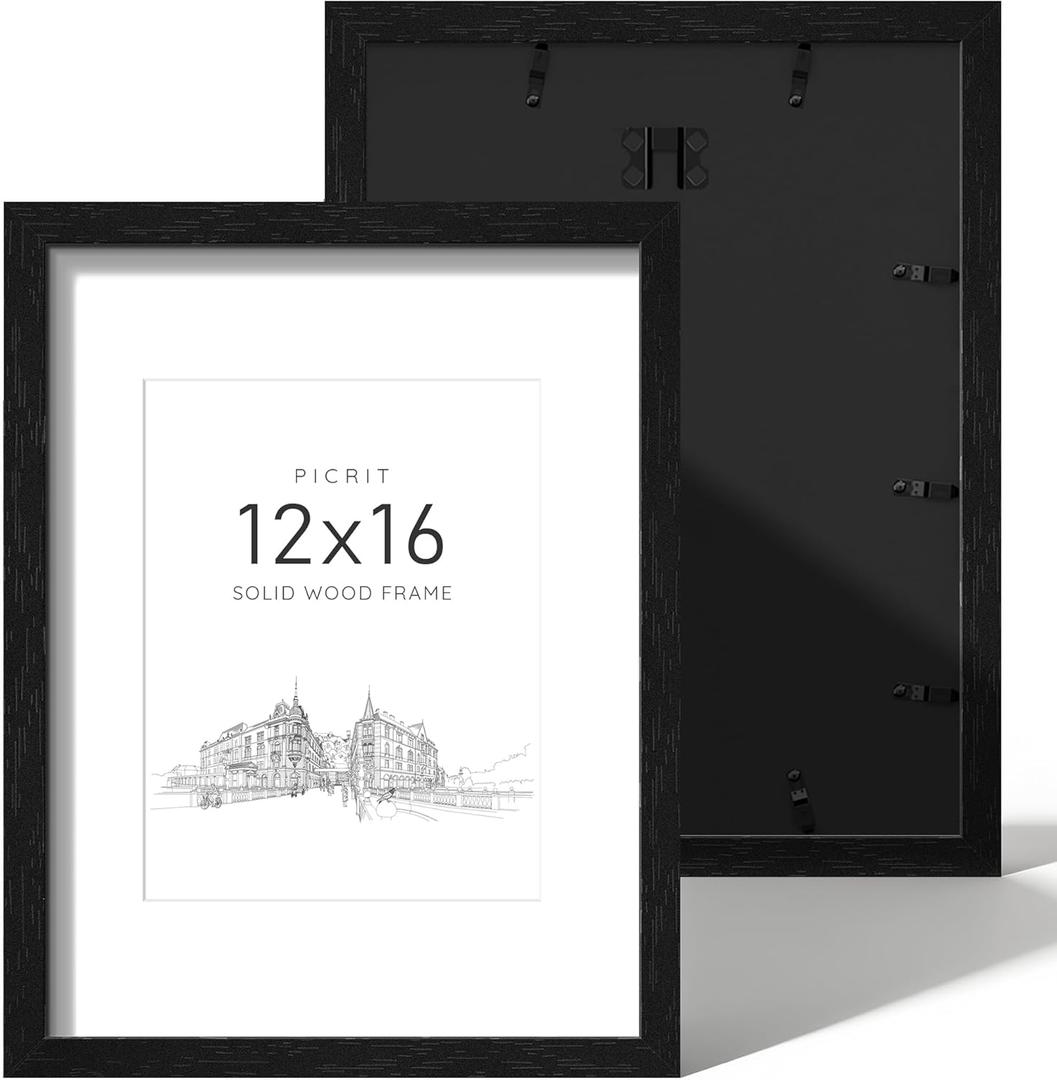 Picrit 12x16 Picture Frame Set of 2, Solid Wood and Black Backboard, Displays 8.5 x 11 with Mat or 12x16 Without Mat, Wall Mounted, Multi-Piece Wall Gallery Photo Frames for Home Decor, Black Wood Grain