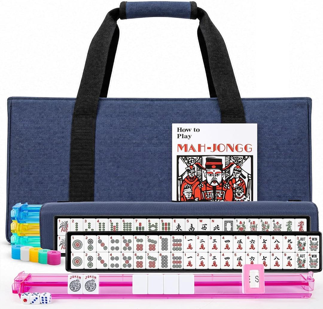 American Mahjong Tile Set 4 Players with Blue Carrying Bag, 166 White Tiles, 4 Colors All-in-One Racks and Pushers, Travel Mahjong Set American 2026 Mah Jongg Sets/ Mah Jong Tiles/ Majong/ Majiang