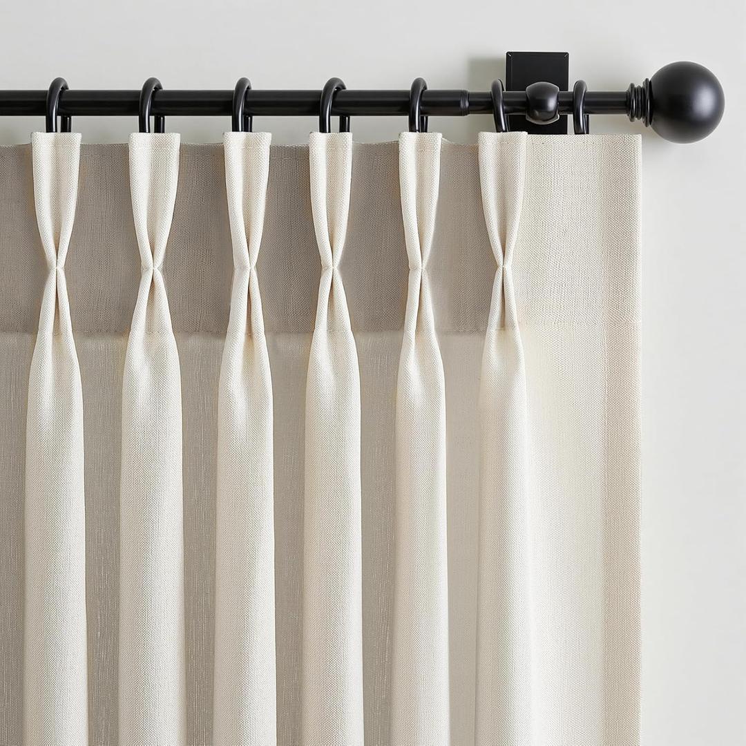 90 Inches Long Pinch Pleated Semi Sheer Curtains,Ivory Beige Linen Blended Light Filtering Window Curtains 90 Length 2 Panels for Living Room Bedroom Pinch Pleat Drapes with Hooks 2 Panels