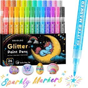 SRUOLOC Glitter Paint Pens, 24 Colors Glitter Markers Pens Set Acrylic Sparkle Markers Teen Art Supplies for Scrapbooking, Cards, DIY Crafts, Adults Coloring, Extra-Fine Tip 0.7mm