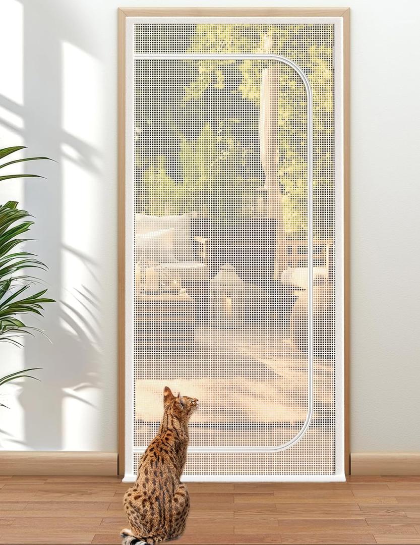 BFNN Cat Screen Door, Extra Tall Cat-Proof Mesh Gate, Fit Door Size 34'' x 82.5'', Anti Scratch Mesh with Zipper Closure, for Living Room, Kitchen, Bedroom (White)
