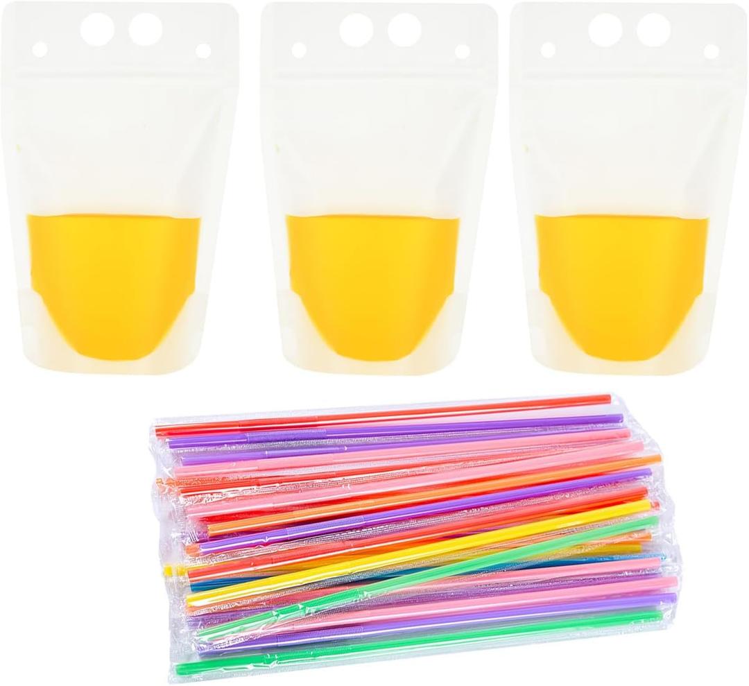 100 PCS Stand-Up Plastic Pouches with 100 Straws, Translucent Reclosable Zipper Bags for Cold & Hot Drinks