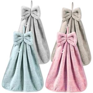 Hanging Hand Dry Towels, Microfiber Coral Velvet Hand Towels Hanging Loop, Absorbent Super Soft Cute Hand Towels for Kitchen Bathroom Kids Adults (Snowflake)