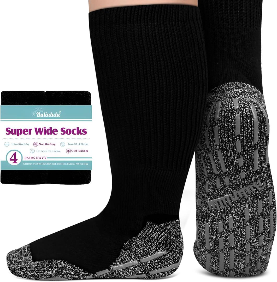 Bulinlulu Extra Width Socks for Swollen Feet-4 Pairs Hospital Grip Socks,Bariatric Socks,Diabetic Socks for Women Men 13-15 (One Size, Dark Navy)