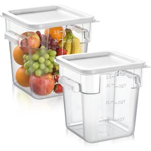FoldTier 2 Pieces Square Food Storage Containers Polycarbonate Clear food Container with Lid Commercial Storage with Graduations for Commercial Kitchen Dough Marinating Meat(White,4 Qt)