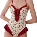 Women's Strawberry Print One Piece Beach Swimsuit with Cross-Back & Lace Trim,Tummy Control V Neck Bathing Suits (Red, L)