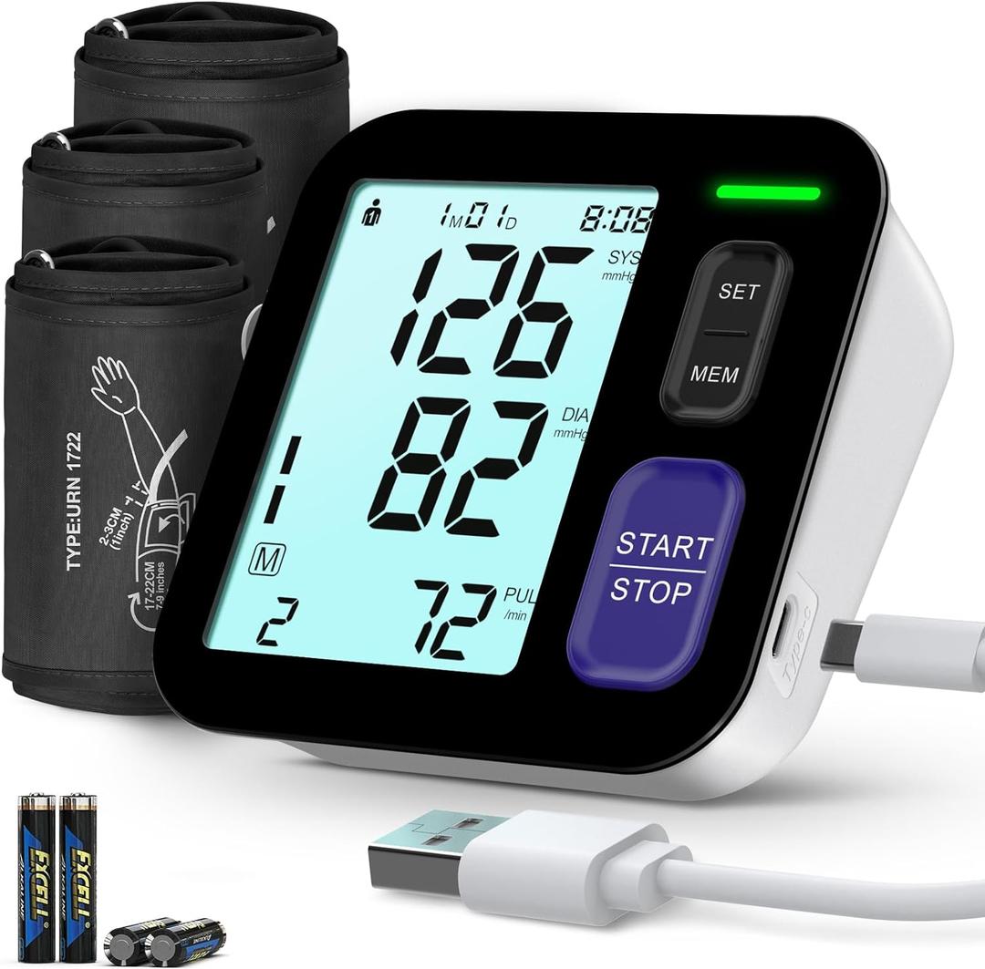 Blood Pressure Machine Upper Arm, 3 Size Cuffs, S, M/L and XL, Small 7"-9", Medium/Large 9"-17" and Extra Large X-Large Cuff 13"-21", Accurate Automatic Digital BP Monitor Home Use, Large Backlit LCD