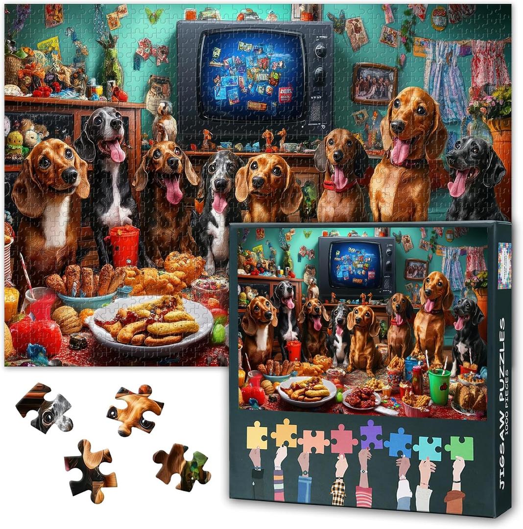 Jigsaw Puzzle 1000 Pieces for Adults Dachshund Feast Funny Dog Gathering Cute Wiener Dogs Party Playful Canine Art Premium Paper Puzzle Relaxing Challenge 27.5 x 19.7 in