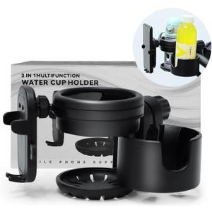 360 Rotation 3in1 Big Holder, Universal Stroller Cup Holder, Adjustable Drink Holder,Removable Phone Holder for Wheelchair, Stroller, Bike, Walker, Scooter, Bicycle (Black)