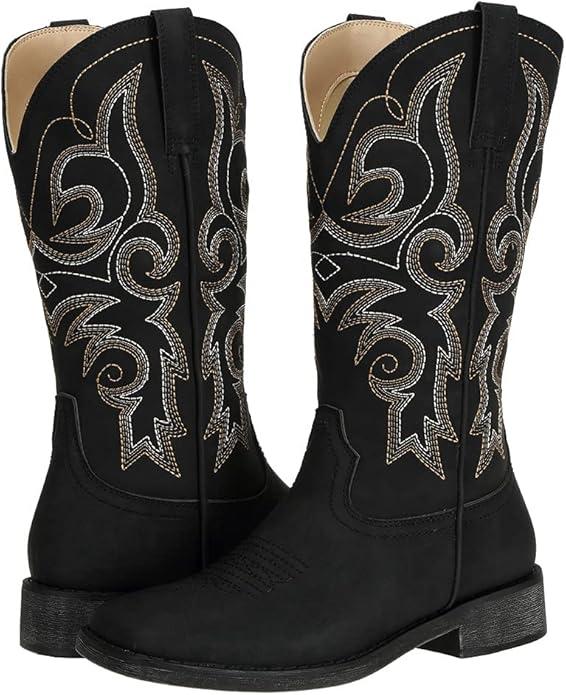 SheSole Cowgirl Boots for Women Square Toe Mid Calf Embroidered Fashion Western Cowboy Boots (8, Black)